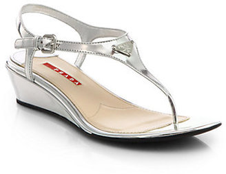 Prada Metallic Leather T-Strap Demi-Wedge Sandals