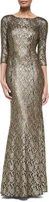 Kay Unger New York 3/4-Sleeve Metallic Lace Gown