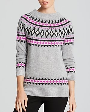 Aqua Cashmere Sweater - Fairisle Zip Shoulder Crewneck