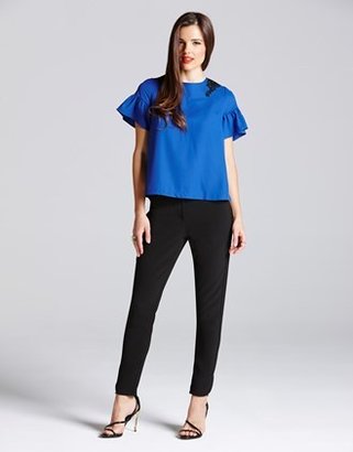 Lipsy Paper Dolls Blue Lace Shoulder Frill Sleeve Top