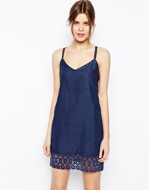 ASOS Denim Cami Dress with Lace Panel in Dark Wash - Deep blue