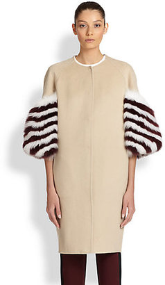 Fendi Stripe Fur-Trimmed Cashmere Coat