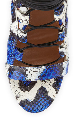 Aquazzura Amazon Lace-Up Snakeskin Sandal, Blue/White