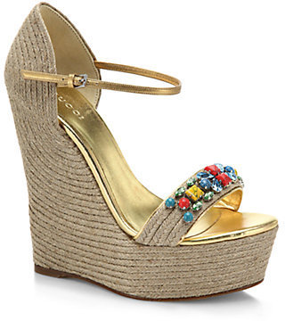 Gucci Carolina Stone Espadrille Wedge Sandals