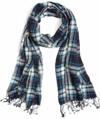 Brooks Brothers Wool Navy and Ivory Tartan Scarf