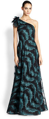 Kay Unger Embroidered Feather One-Shoulder Gown