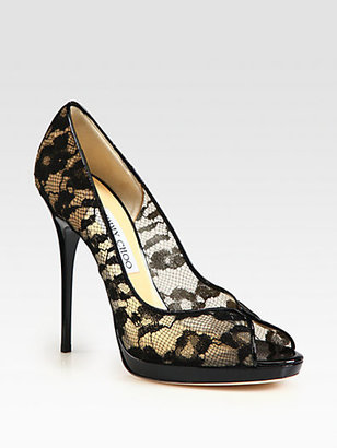 Jimmy Choo Blair Lace-Covered Mesh and Patent Leather Pumps