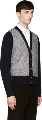 Moncler Gamme Bleu Navy Wool Quilted Tweed Cardigan
