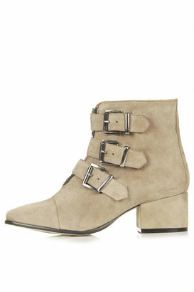 Topshop Taupe suede mid heel boots with triple buckle detail and zip closure. heel approx 5cm. 100% leather.