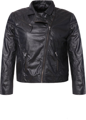 Yours Clothing Black PU Biker Jacket With Zip And Panelling Detail