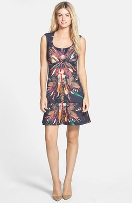 Nicole Miller 'Tail Feather' Print Neoprene Fit & Flare Dress