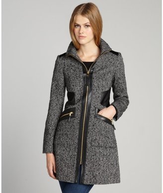 Via Spiga black and white wool blended tweed faux leather trimmed coat