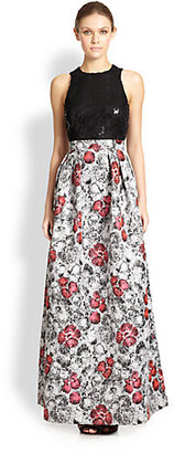 Kay Unger Sequin-Bodice Printed Gown