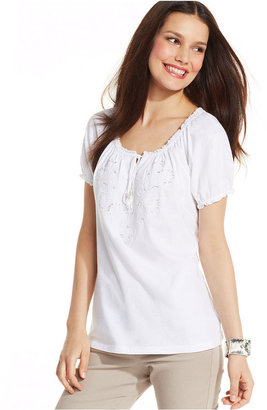 JM Collection Embroidered Peasant Top