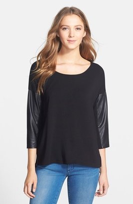 Kensie Faux Leather Sleeve French Terry Top