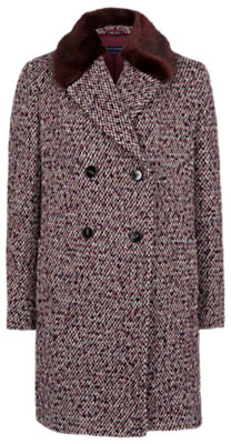 French Connection Moscow Tweed Faux Fur Coat, Burgundy/Chocolate