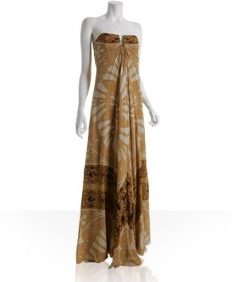 Nicole Miller gold rose window silk strapless maxi dress