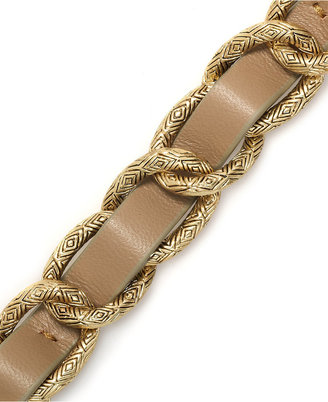 House Of Harlow Bracelet, Gold-Tone Khaki Leather Link Bracelet
