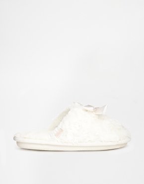 totes Faux Fur Mule Slippers with Satin Bow Sparkle - Cream