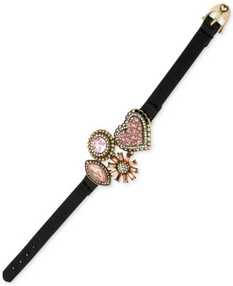 Betsey Johnson Gold-Tone Crystal Heart and Gem Cluster Faux Leather Bracelet