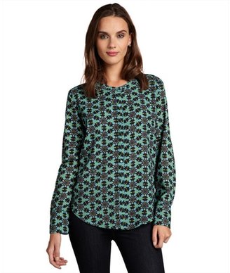 Walter teal geometric pearls printed collarless 'Lynn' button up blouse
