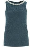 Dorothy Perkins Womens Green diamante detail lace shell top- Teal