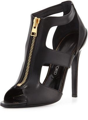 Tom Ford Cutout Leather Zip-Front Bootie, Black