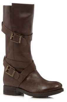Faith Brown leather calf length mid heeled boots