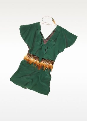 Hafize Ozbudak Jade Green Silk Tunic with Feather Belt