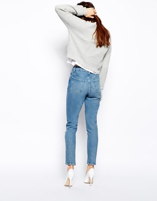 ASOS Farleigh High Waist Slim Mom Jeans in Rosebowl Mid Wash Blue with Ripped Knee