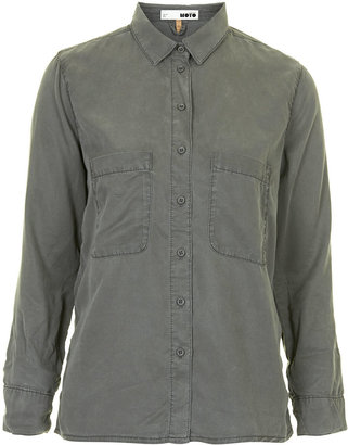 Tencel 16764 Moto forest green tencel shirt with front pocket detail. 100% lyocell. machine washable.