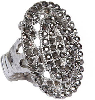 Yours Clothing Silver Large Oval Stretch Ring With Metallic Diamanté Detail