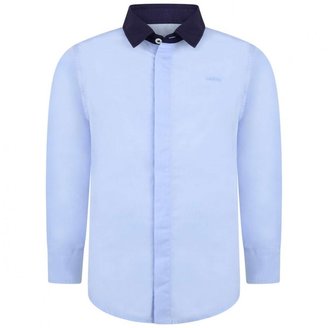 Boys Blue Contrast Collar Cotton Shirt
