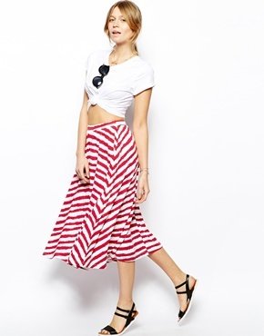 ASOS Midi Skirt In Broken Stripe - Red/cream £15.00