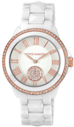 Vince Camuto White ceramic pyramid link watch with rosegold tone bezel and crystals