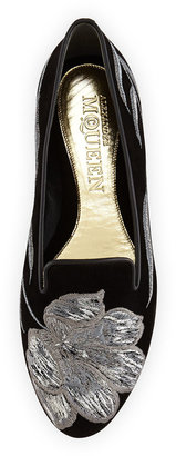 Alexander McQueen Embroidered Velvet Smoking Slipper, Black/Silver