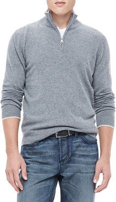 Neiman Marcus Half-Zip Sweater with Contrast Trim, Gray