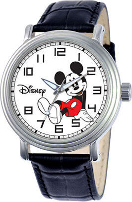 DISNEY PRINCESS Disney Vintage Mens Mickey Mouse Black Leather Strap Watch