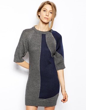Le Mont St Michel Merino Wool Mix Colour Block Jumper Dress - Grey blue