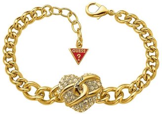 GUESS Gold Plated Pave Heart Charm Bracelet