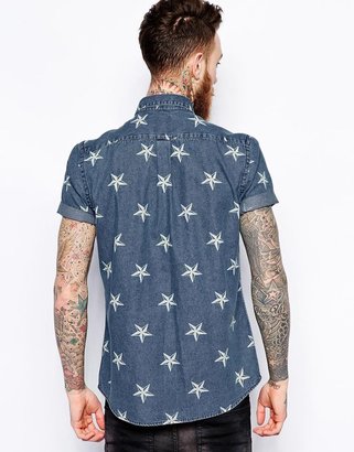 ASOS Denim Shirt In Short Sleeve With Star Print