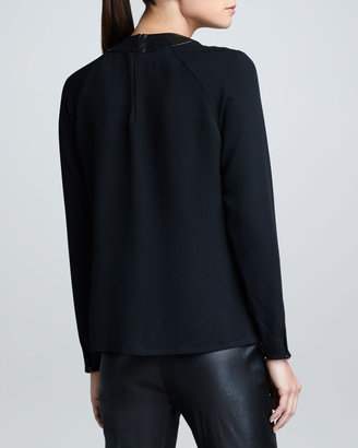 Ralph Lauren Black Label Leather-Collared Silk Top, Black