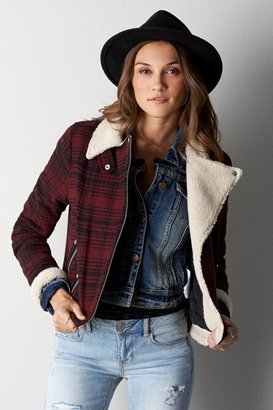 American Eagle Outfitters Red Plaid Moto Jacket Coat