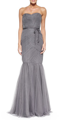 Monique Lhuillier Bridesmaids Strapless Ruched Tulle Gown, Slate