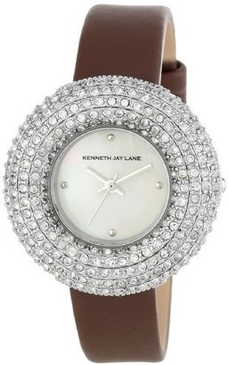 Kenneth Jay Lane Women's KJLANE-2505S-04  Mother-Of-Pearl Dial Crystal Accented Brown Silk and Leather Watch