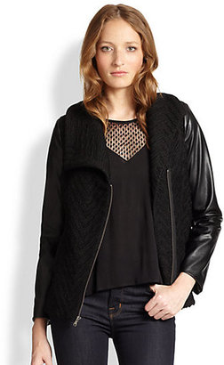 Ella Moss Trinity Faux Leather-Sleeved Chevron-Knit Jacket