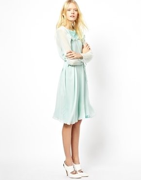 See by Chloe Silk Long Sleeved Shirt Dress with Ruffle Front - Mint green