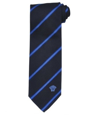 Versace 100% Silk 8cm Tie in Black With Blue Stripes (Made in Italy) - CR39SEB09110001