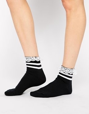 ASOS 2 Stripe Ankle Socks With Lace Trim - black