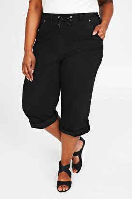 Yours Clothing Black Cool Cotton Roll-Up Crop Trousers With Stud Detail